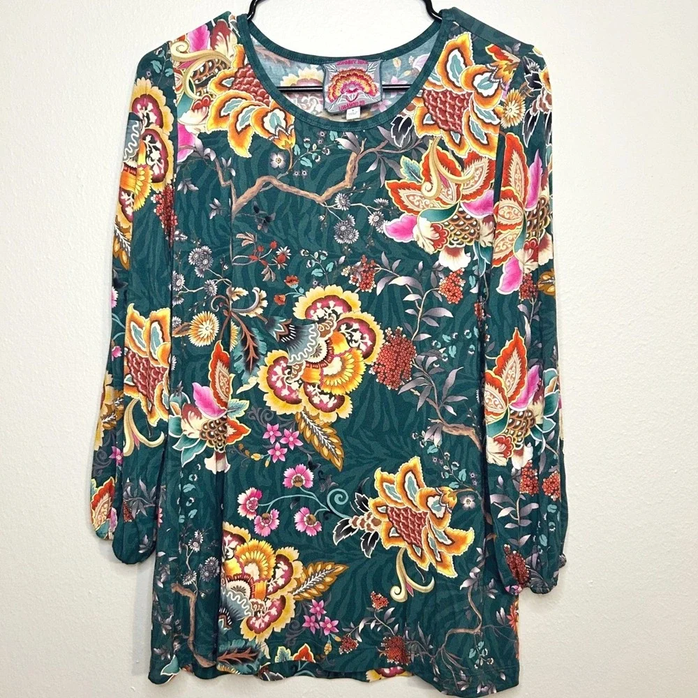 Johnny Was Orizaba‎ Puff Quarter Length Sleeve Green Floral Paisley Small